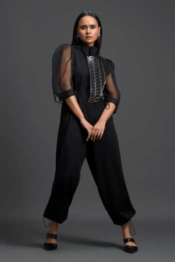 Deepika Arora Black Organza, Ponte Roma, Leather High Neck Puff Sleeve Jumpsuit Online at Aza Fashions Deepika Arora_Black Organza, Ponte Roma, Leather High Neck Puff Sleeve Jumpsuit _Online_at_Aza_Fashions