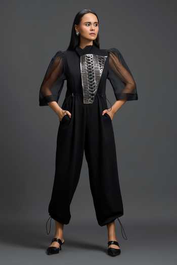 Buy Deepika Arora Black Organza, Ponte Roma, Leather High Neck Puff Sleeve Jumpsuit Online at Aza Fashions Buy_Deepika Arora_Black Organza, Ponte Roma, Leather High Neck Puff Sleeve Jumpsuit _Online_at_Aza_Fashions