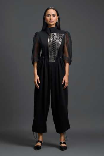 Shop Deepika Arora Black Organza, Ponte Roma, Leather High Neck Puff Sleeve Jumpsuit Online at Aza Fashions Shop_Deepika Arora_Black Organza, Ponte Roma, Leather High Neck Puff Sleeve Jumpsuit _Online_at_Aza_Fashions