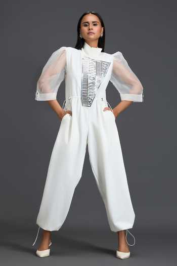 Deepika Arora White Sheer-Sleeve Jumpsuit 