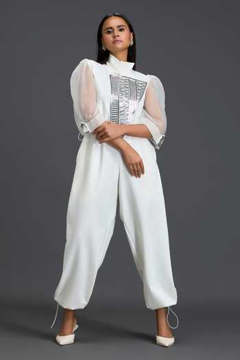 Deepika Arora_White Organza, Leather, Ponte Roma High Neck Sheer-sleeve Jumpsuit _Online_at_Aza_Fashions