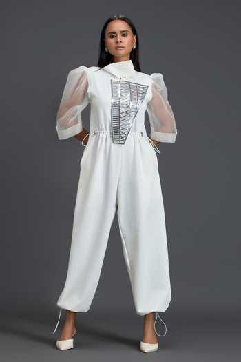 Buy_Deepika Arora_White Organza, Leather, Ponte Roma High Neck Sheer-sleeve Jumpsuit _Online_at_Aza_Fashions
