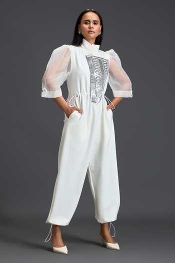 Shop_Deepika Arora_White Organza, Leather, Ponte Roma High Neck Sheer-sleeve Jumpsuit _Online_at_Aza_Fashions