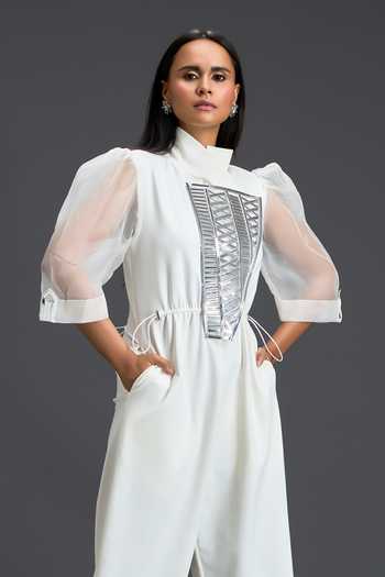 Deepika Arora_White Organza, Leather, Ponte Roma High Neck Sheer-sleeve Jumpsuit _at_Aza_Fashions