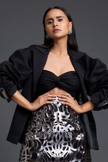 Deepika Arora Black Organza, Ponte Roma, Leather Bandeau Neck Embroidered Skirt Set Online at Aza Fashions Deepika Arora_Black Organza, Ponte Roma, Leather Bandeau Neck Embroidered Skirt Set _Online_at_Aza_Fashions