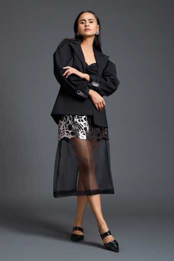 Buy Deepika Arora Black Organza, Ponte Roma, Leather Bandeau Neck Embroidered Skirt Set Online at Aza Fashions Buy_Deepika Arora_Black Organza, Ponte Roma, Leather Bandeau Neck Embroidered Skirt Set _Online_at_Aza_Fashions
