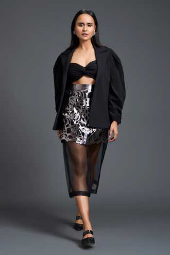 Shop Deepika Arora Black Organza, Ponte Roma, Leather Bandeau Neck Embroidered Skirt Set Online at Aza Fashions Shop_Deepika Arora_Black Organza, Ponte Roma, Leather Bandeau Neck Embroidered Skirt Set _Online_at_Aza_Fashions