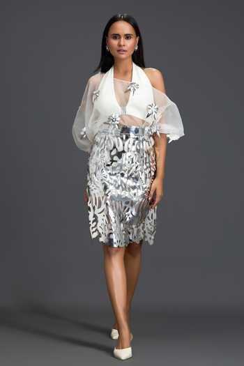 Deepika Arora Laser-Cut Silver Skirt Set