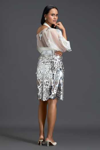 Deepika Arora Laser-Cut Silver Skirt Set