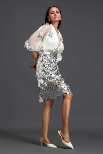 Shop Deepika Arora Silver Organza, Ponte Roma, Leather Halter Neck, Laser-cut Silver Skirt Set Online at Aza Fashions Shop_Deepika Arora_Silver Organza, Ponte Roma, Leather Halter Neck, Laser-cut Silver Skirt Set _Online_at_Aza_Fashions