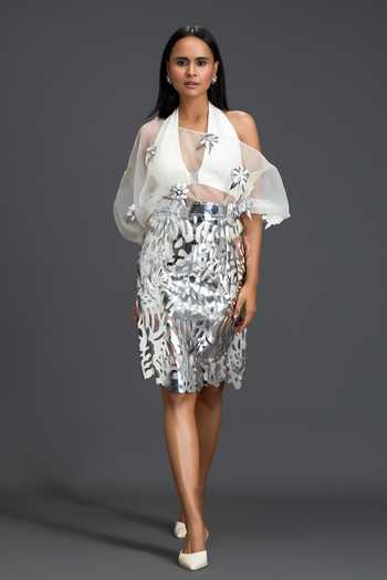 Buy_Deepika Arora_Silver Organza, Ponte Roma, Leather Laser Cutwork Skirt _Online_at_Aza_Fashions