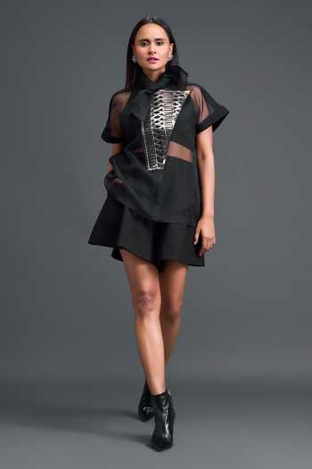 Deepika Arora Black Organza, Ponte Roma Halter Neck Sheer Shirt And Top Set Online at Aza Fashions Deepika Arora_Black Organza, Ponte Roma Halter Neck Sheer Shirt And Top Set _Online_at_Aza_Fashions