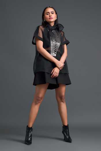 Shop Deepika Arora Black Organza, Ponte Roma Halter Neck Sheer Shirt And Top Set Online at Aza Fashions Shop_Deepika Arora_Black Organza, Ponte Roma Halter Neck Sheer Shirt And Top Set _Online_at_Aza_Fashions