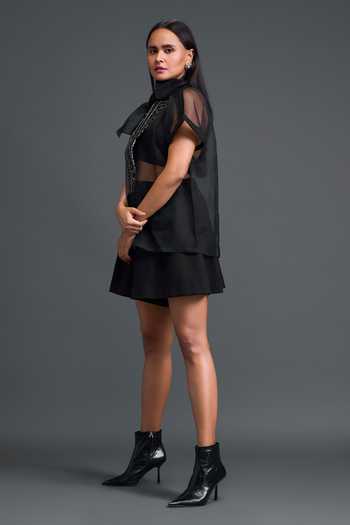 Deepika Arora Black Organza, Ponte Roma Halter Neck Sheer Shirt And Top Set at Aza Fashions Deepika Arora_Black Organza, Ponte Roma Halter Neck Sheer Shirt And Top Set _at_Aza_Fashions