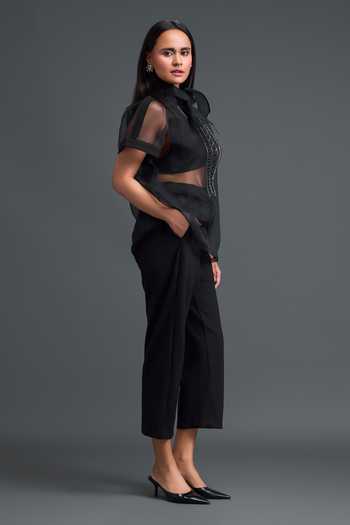 Deepika Arora_Black Organza, Ponte Roma High , Halter Sheer Shirt And Pant Set _Online_at_Aza_Fashions