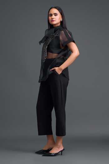 Buy_Deepika Arora_Black Organza, Ponte Roma High , Halter Sheer Shirt And Pant Set _Online_at_Aza_Fashions