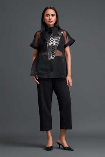 Shop_Deepika Arora_Black Organza, Ponte Roma High , Halter Sheer Shirt And Pant Set _Online_at_Aza_Fashions