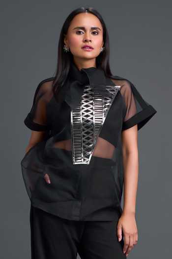 Deepika Arora_Black Organza, Ponte Roma High , Halter Sheer Shirt And Pant Set _at_Aza_Fashions