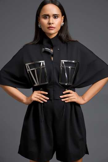 Deepika Arora Black Ponte Roma, Leather Mandarin Collar Metallic Panelled Jumpsuit at Aza Fashions Deepika Arora_Black Ponte Roma, Leather Mandarin Collar Metallic Panelled Jumpsuit _at_Aza_Fashions