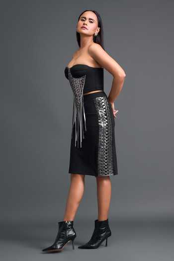 Buy_Deepika Arora_Black Leather, Ponte Roma Sweetheart Neck Embroidered Top And Skirt Set _Online_at_Aza_Fashions