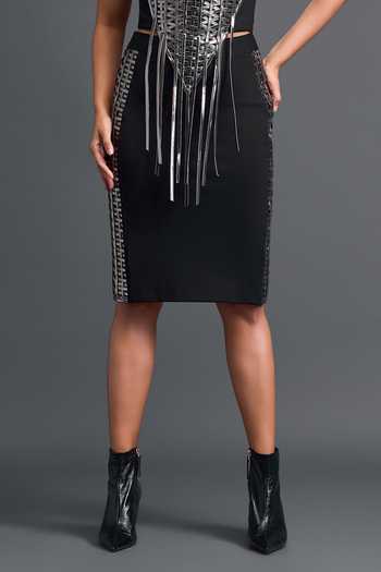 Shop_Deepika Arora_Black Leather, Ponte Roma Sweetheart Neck Embroidered Top And Skirt Set _Online_at_Aza_Fashions