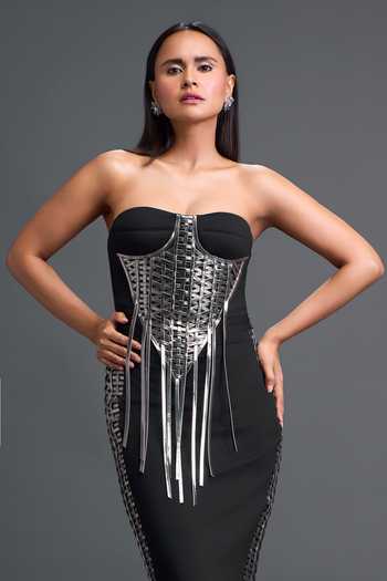Deepika Arora_Black Leather, Ponte Roma Sweetheart Neck Embroidered Top And Skirt Set _at_Aza_Fashions