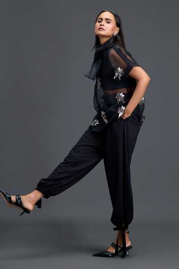 Deepika Arora_Black Organza, Ponte Roma High Neck, Floral Embellished Sheer Top And Pant Set _Online_at_Aza_Fashions