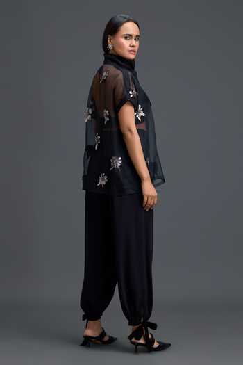 Buy_Deepika Arora_Black Organza, Ponte Roma High Neck, Floral Embellished Sheer Top And Pant Set _Online_at_Aza_Fashions