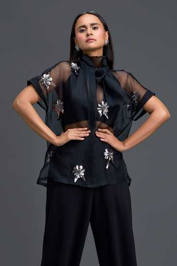 Shop_Deepika Arora_Black Organza, Ponte Roma High Neck, Floral Embellished Sheer Top And Pant Set _Online_at_Aza_Fashions