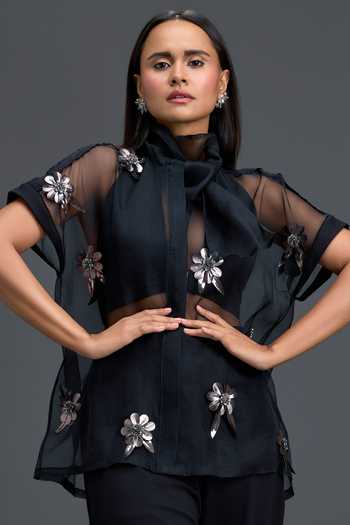 Deepika Arora_Black Organza, Ponte Roma High Neck, Floral Embellished Sheer Top And Pant Set _at_Aza_Fashions