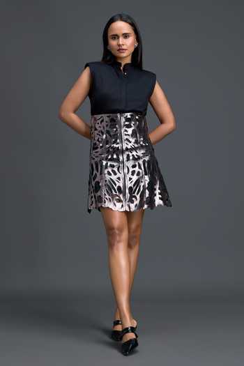 Deepika Arora_Black Ponte Roma, Leather Plunge Neck Metallic Cut Out Top And Skirt Set _Online_at_Aza_Fashions