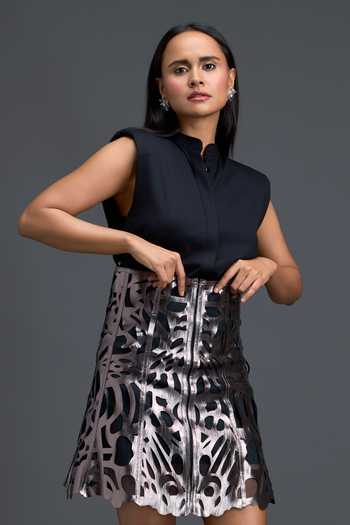Deepika Arora_Black Ponte Roma, Leather Plunge Neck Metallic Cut Out Top And Skirt Set _at_Aza_Fashions