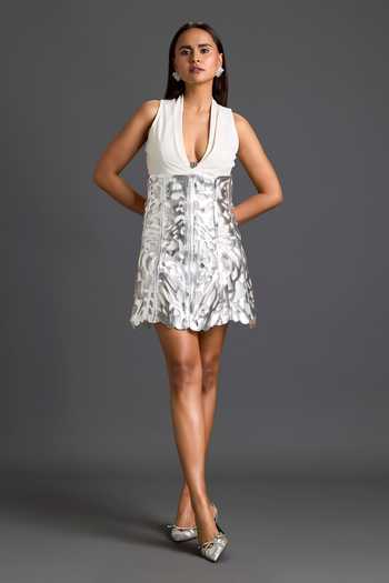 Buy_Deepika Arora_Silver Ponte Roma, Leather Halter Neck Laser-cut Top And Draped Skirt Set _Online_at_Aza_Fashions