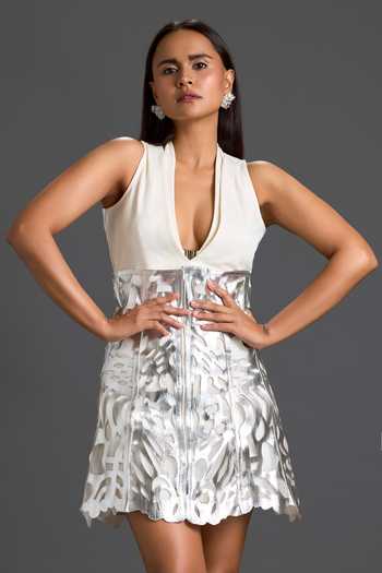 Deepika Arora Laser-Cut Halter Top & Draped Skirt Set