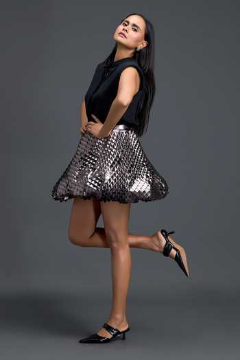 Shop Deepika Arora Black Ponte Roma, Leather Mandarin Collar Metallic Quilted Top And Skirt Set Online at Aza Fashions Shop_Deepika Arora_Black Ponte Roma, Leather Mandarin Collar Metallic Quilted Top And Skirt Set _Online_at_Aza_Fashions