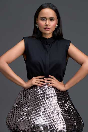 Deepika Arora Black Ponte Roma, Leather Mandarin Collar Metallic Quilted Top And Skirt Set at Aza Fashions Deepika Arora_Black Ponte Roma, Leather Mandarin Collar Metallic Quilted Top And Skirt Set _at_Aza_Fashions