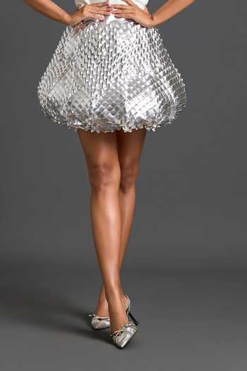 Buy_Deepika Arora_Silver Leather 3d Bubble Skirt 
