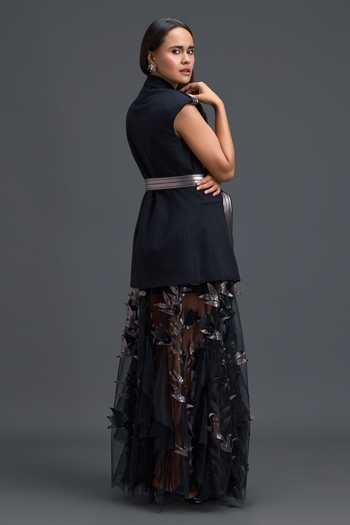Deepika Arora Black Ponte Roma, Net Plunge , Open Metallic Embroidered Skirt Set Online at Aza Fashions Deepika Arora_Black Ponte Roma, Net Plunge , Open Metallic Embroidered Skirt Set _Online_at_Aza_Fashions