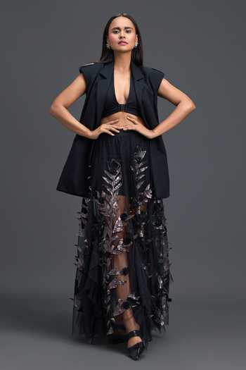 Buy Deepika Arora Black Ponte Roma, Net Plunge , Open Metallic Embroidered Skirt Set Online at Aza Fashions Buy_Deepika Arora_Black Ponte Roma, Net Plunge , Open Metallic Embroidered Skirt Set _Online_at_Aza_Fashions