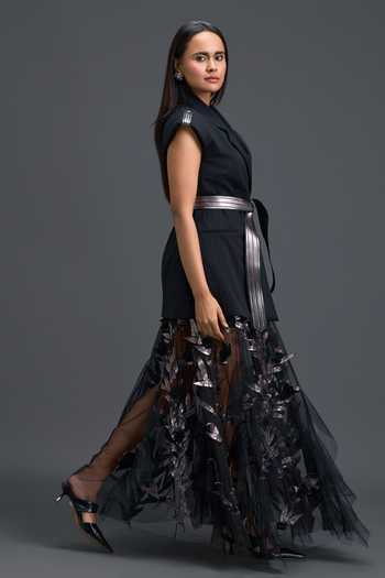 Shop Deepika Arora Black Ponte Roma, Net Plunge , Open Metallic Embroidered Skirt Set Online at Aza Fashions Shop_Deepika Arora_Black Ponte Roma, Net Plunge , Open Metallic Embroidered Skirt Set _Online_at_Aza_Fashions