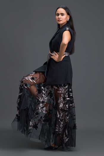 Buy Deepika Arora Black Ponte Roma, Net Plunge , Open Metallic Embroidered Skirt Set Buy_Deepika Arora_Black Ponte Roma, Net Plunge , Open Metallic Embroidered Skirt Set