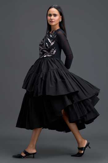 Deepika Arora_Black Net Round Neck Sheer Embellished Top And Tiered Skirt Set _Online_at_Aza_Fashions
