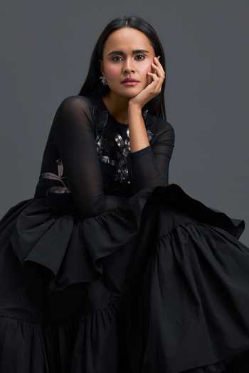 Shop_Deepika Arora_Black Net Round Neck Sheer Embellished Top And Tiered Skirt Set _Online_at_Aza_Fashions