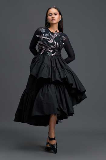 Buy_Deepika Arora_Black Net Round Neck Sheer Embellished Top And Tiered Skirt Set 