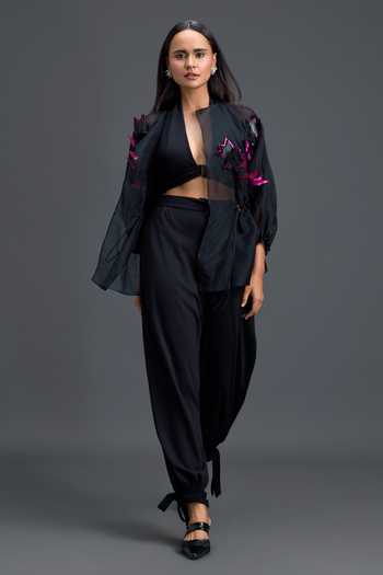 Deepika Arora Black Organza, Ponte Roma Plunge Neck Floral Applique Work Top And Pant Set Online at Aza Fashions Deepika Arora_Black Organza, Ponte Roma Plunge Neck Floral Applique Work Top And Pant Set _Online_at_Aza_Fashions