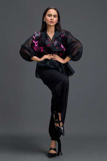 Buy Deepika Arora Black Organza, Ponte Roma Plunge Neck Floral Applique Work Top And Pant Set Online at Aza Fashions Buy_Deepika Arora_Black Organza, Ponte Roma Plunge Neck Floral Applique Work Top And Pant Set _Online_at_Aza_Fashions