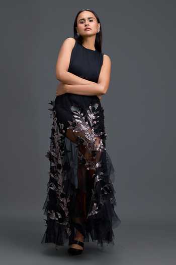 Deepika Arora Black Net, Ponte Roma Round Neck Cutout Metallic Leaf Top And Skirt Set Online at Aza Fashions Deepika Arora_Black Net, Ponte Roma Round Neck Cutout Metallic Leaf Top And Skirt Set _Online_at_Aza_Fashions
