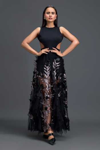 Deepika Arora Cutout Metallic Leaf Top & Skirt Set 