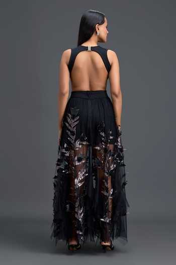 Deepika Arora Cutout Metallic Leaf Top & Skirt Set 