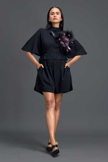 Shop_Deepika Arora_Black Ponte Roma Mandarin Collar Crystal Embellished Jumpsuit _Online_at_Aza_Fashions